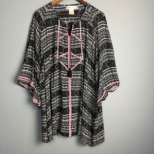 Urban Mangoz Tunic Top Kimono Sleeve Pink Trim Geometric Artsy Print Size‎ 2X